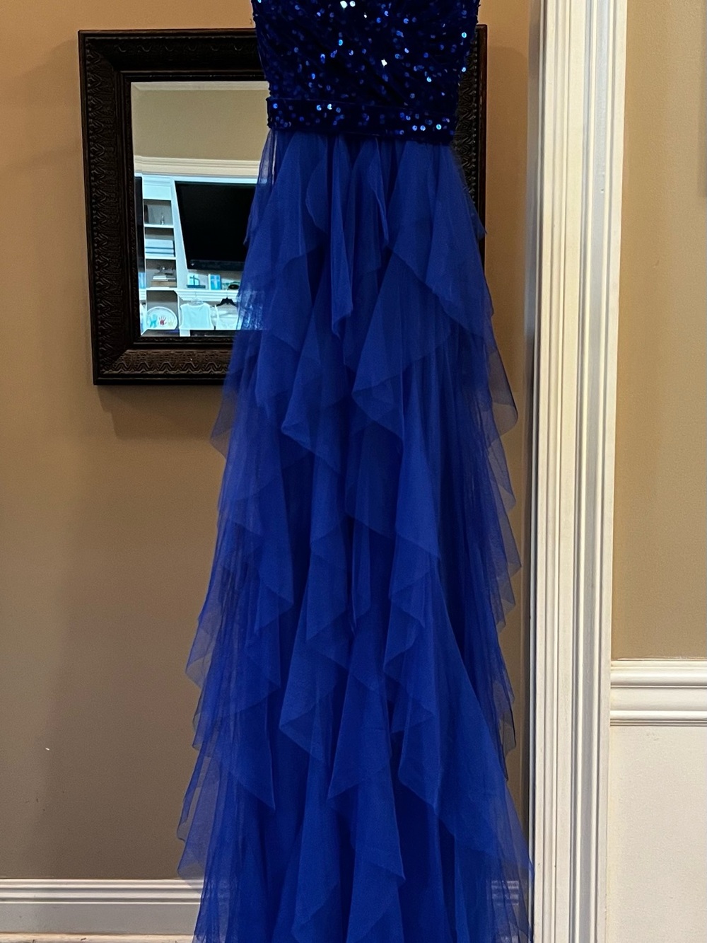 Royal Blue Sequin Bodice Prom or Homecoming Dress with Layered Tulle Skirt